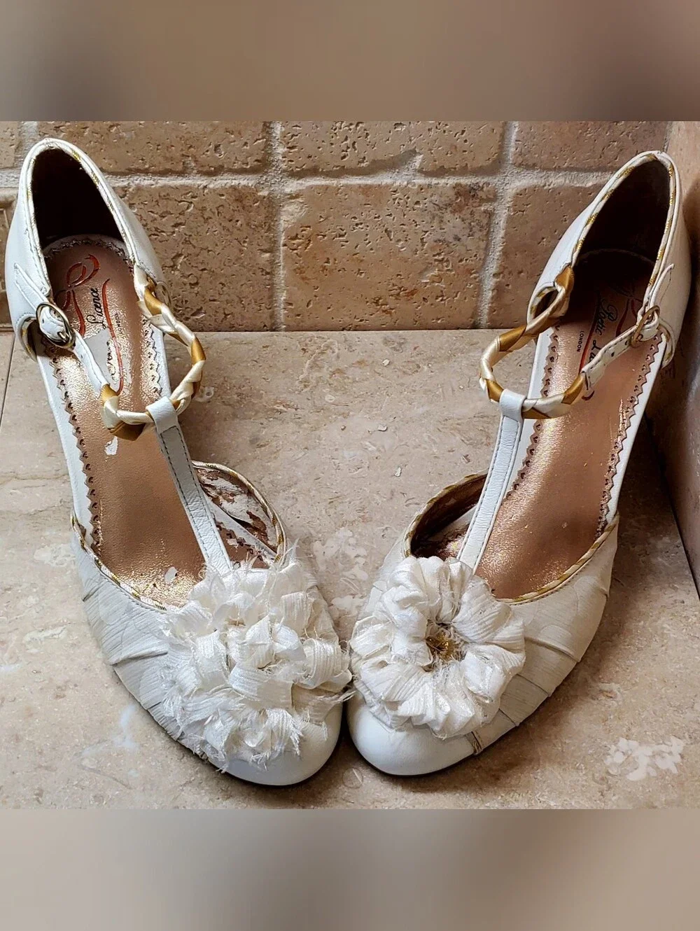 Cream Wedge Heels with Braided T-Strap and Flower Accent Sz 8 Great For Wedding